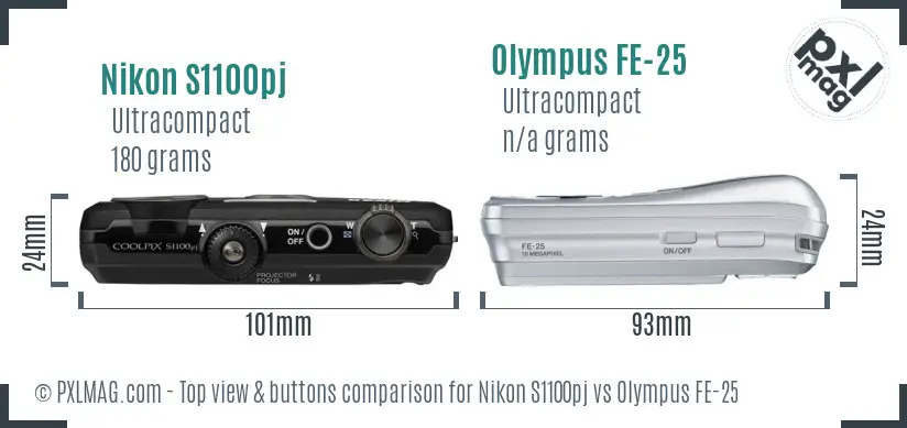 Nikon S1100pj vs Olympus FE-25 top view buttons comparison Nikon S1100pj vs Olympus FE-25 top view buttons comparison