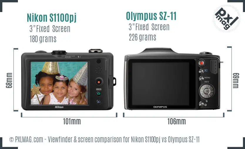 Nikon S1100pj vs Olympus SZ-11 Screen and Viewfinder comparison