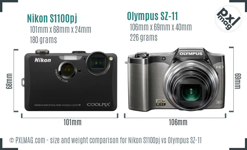 Nikon S1100pj vs Olympus SZ-11 size comparison