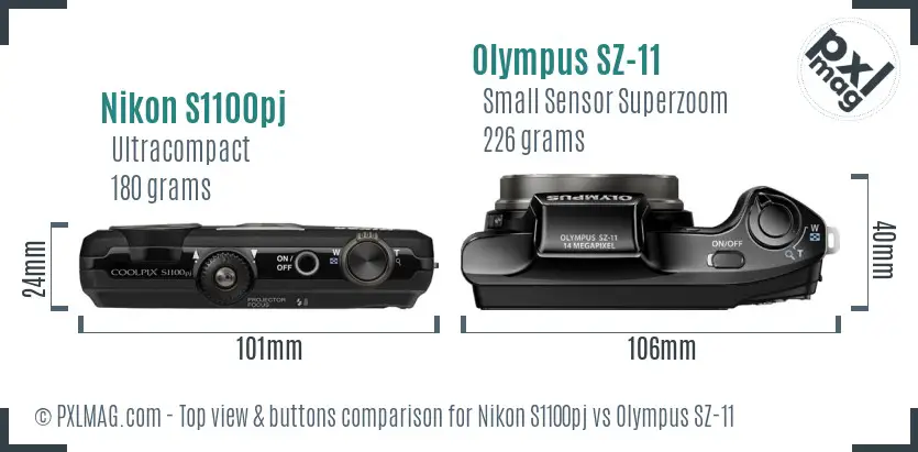 Nikon S1100pj vs Olympus SZ-11 top view buttons comparison
