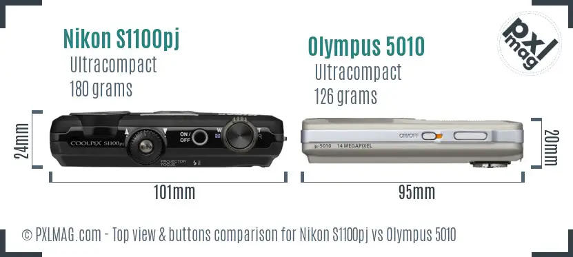 Nikon S1100pj vs Olympus 5010 top view buttons comparison