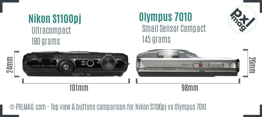 Nikon S1100pj vs Olympus 7010 top view buttons comparison