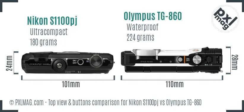 Nikon S1100pj vs Olympus TG-860 top view buttons comparison