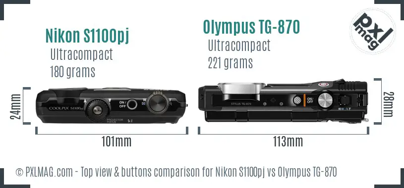 Nikon S1100pj vs Olympus TG-870 top view buttons comparison