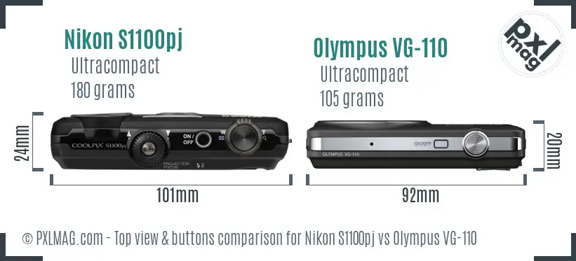 Nikon S1100pj vs Olympus VG-110 top view buttons comparison