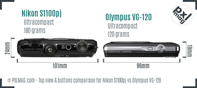 Nikon S1100pj vs Olympus VG-120 top view buttons comparison