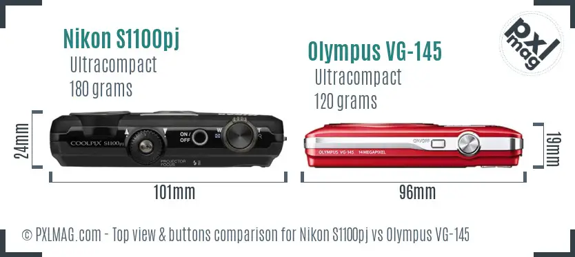 Nikon S1100pj vs Olympus VG-145 top view buttons comparison