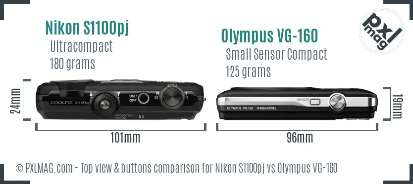 Nikon S1100pj vs Olympus VG-160 top view buttons comparison