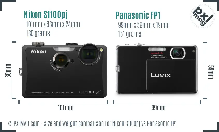 Nikon S1100pj vs Panasonic FP1 size comparison