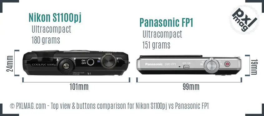 Nikon S1100pj vs Panasonic FP1 top view buttons comparison