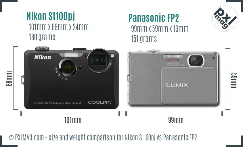 Nikon S1100pj vs Panasonic FP2 size comparison