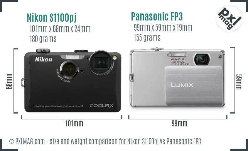 Nikon S1100pj vs Panasonic FP3 size comparison