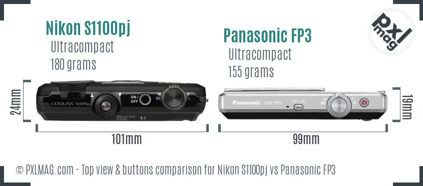 Nikon S1100pj vs Panasonic FP3 top view buttons comparison