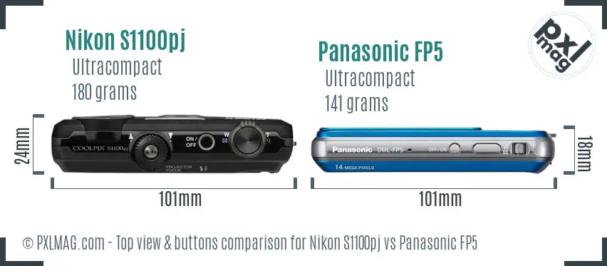 Nikon S1100pj vs Panasonic FP5 top view buttons comparison