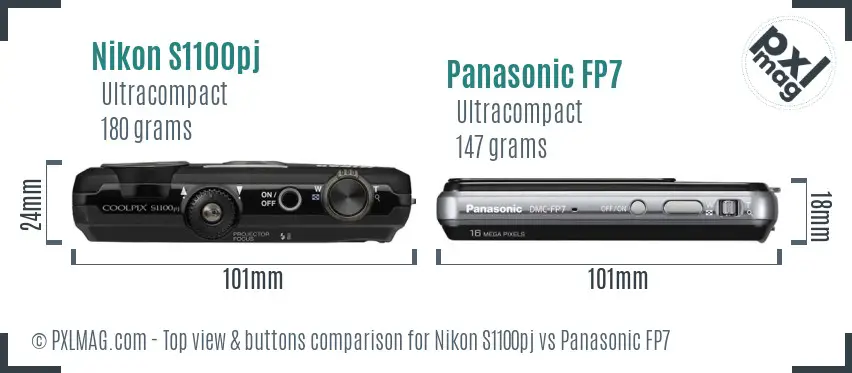 Nikon S1100pj vs Panasonic FP7 top view buttons comparison