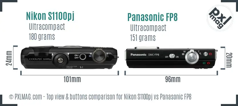 Nikon S1100pj vs Panasonic FP8 top view buttons comparison