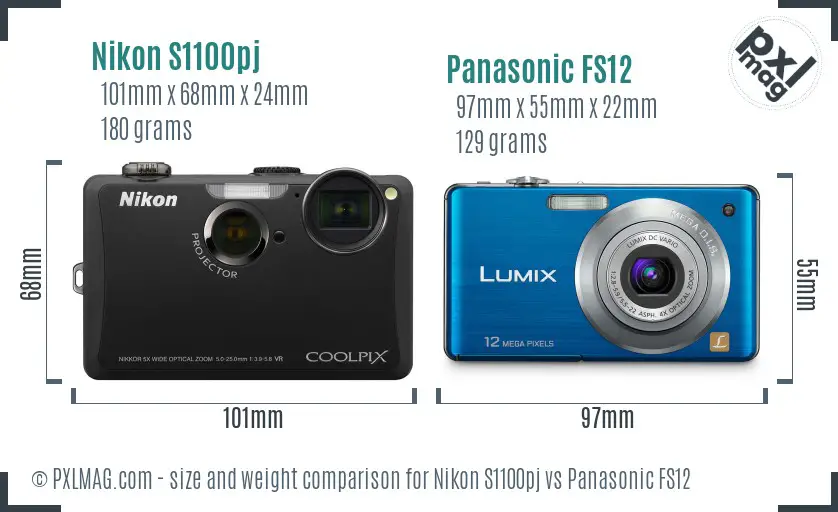 Nikon S1100pj vs Panasonic FS12 size comparison