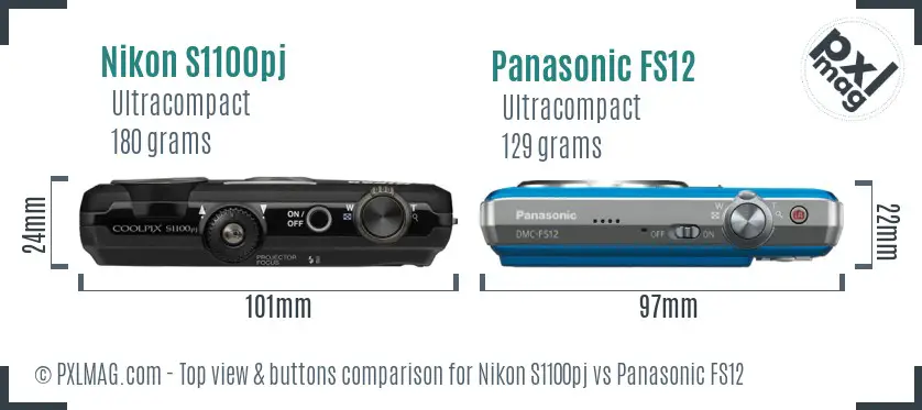 Nikon S1100pj vs Panasonic FS12 top view buttons comparison