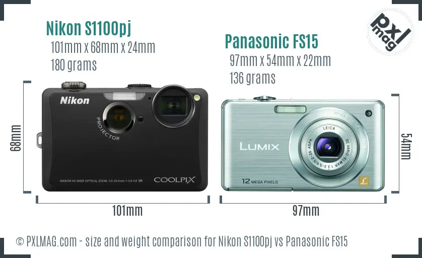 Nikon S1100pj vs Panasonic FS15 size comparison