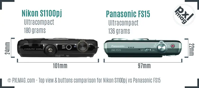Nikon S1100pj vs Panasonic FS15 top view buttons comparison