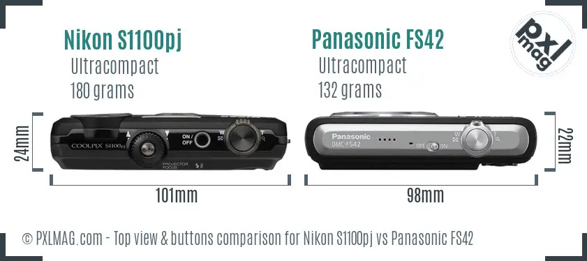 Nikon S1100pj vs Panasonic FS42 top view buttons comparison