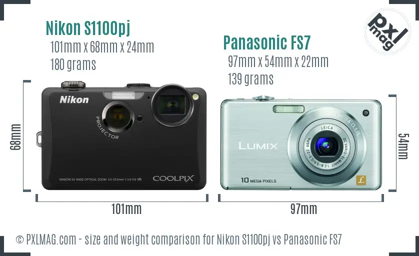 Nikon S1100pj vs Panasonic FS7 size comparison