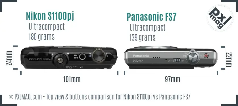 Nikon S1100pj vs Panasonic FS7 top view buttons comparison