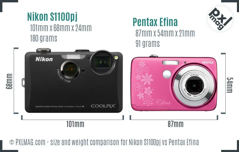 Nikon S1100pj vs Pentax Efina size comparison