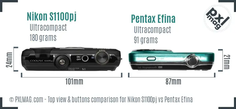 Nikon S1100pj vs Pentax Efina top view buttons comparison