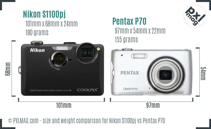Nikon S1100pj vs Pentax P70 size comparison