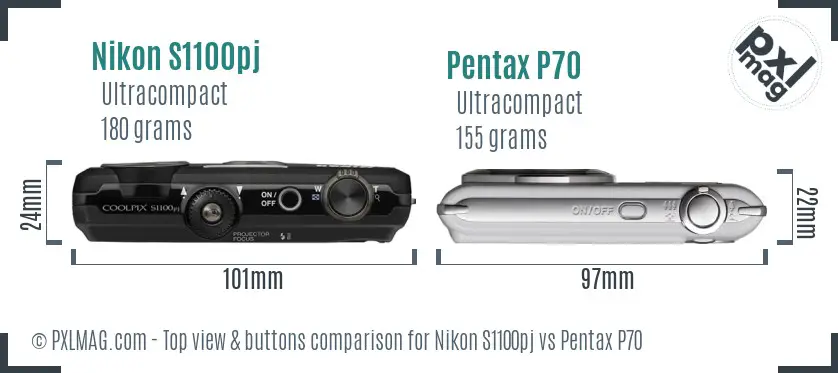 Nikon S1100pj vs Pentax P70 top view buttons comparison