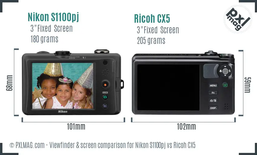 Nikon S1100pj vs Ricoh CX5 Screen and Viewfinder comparison