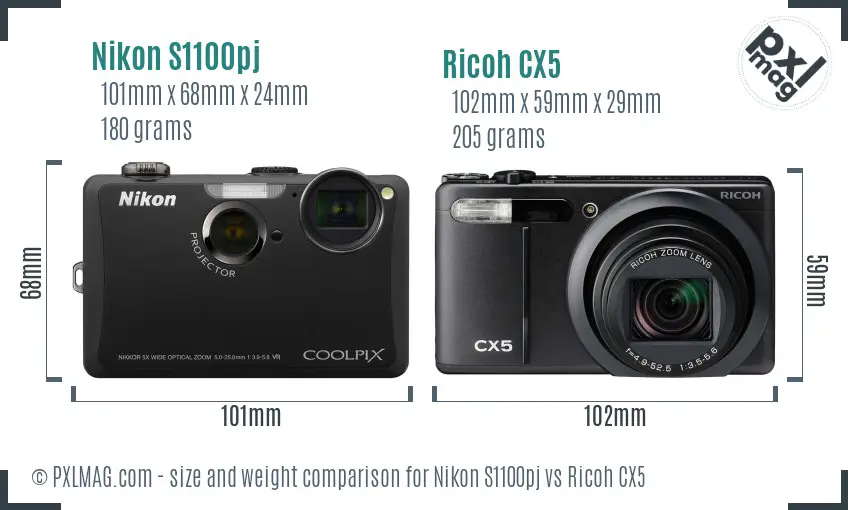 Nikon S1100pj vs Ricoh CX5 size comparison