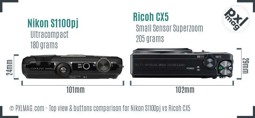 Nikon S1100pj vs Ricoh CX5 top view buttons comparison