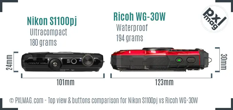Nikon S1100pj vs Ricoh WG-30W top view buttons comparison