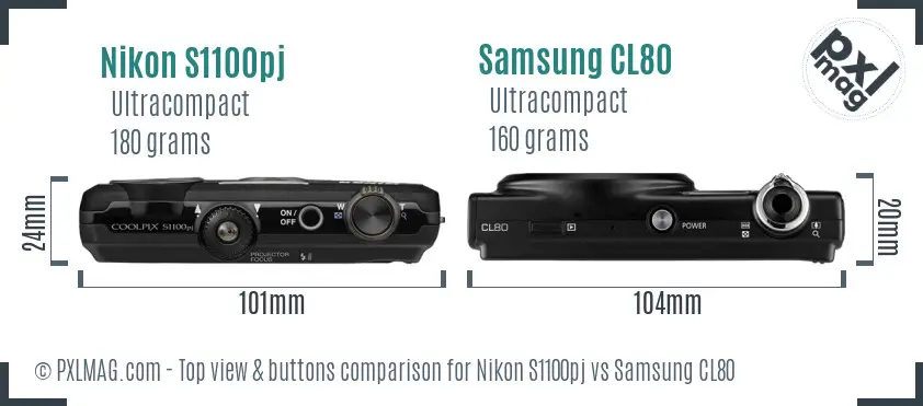 Nikon S1100pj vs Samsung CL80 top view buttons comparison Nikon S1100pj vs Samsung CL80 top view buttons comparison