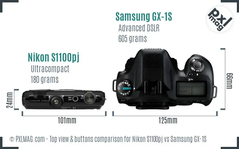 Nikon S1100pj vs Samsung GX-1S top view buttons comparison