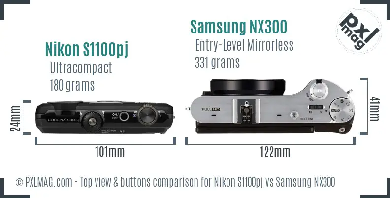 Nikon S1100pj vs Samsung NX300 top view buttons comparison