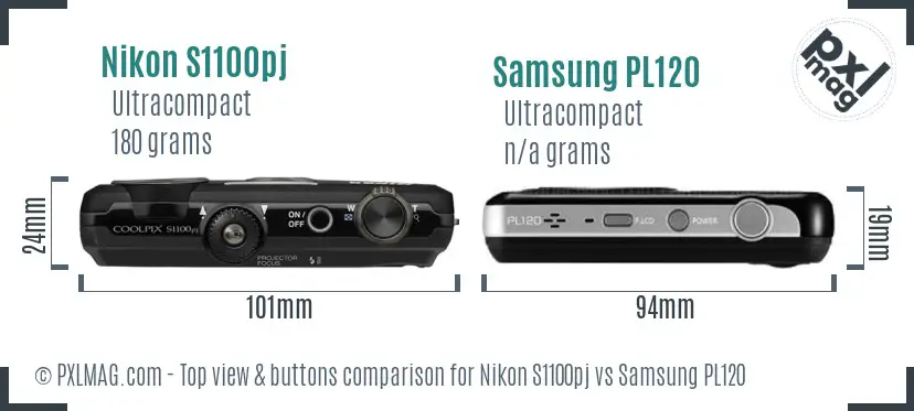 Nikon S1100pj vs Samsung PL120 top view buttons comparison