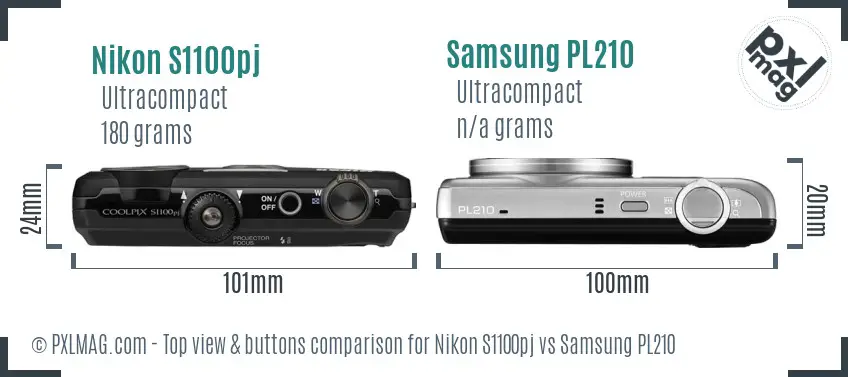 Nikon S1100pj vs Samsung PL210 top view buttons comparison