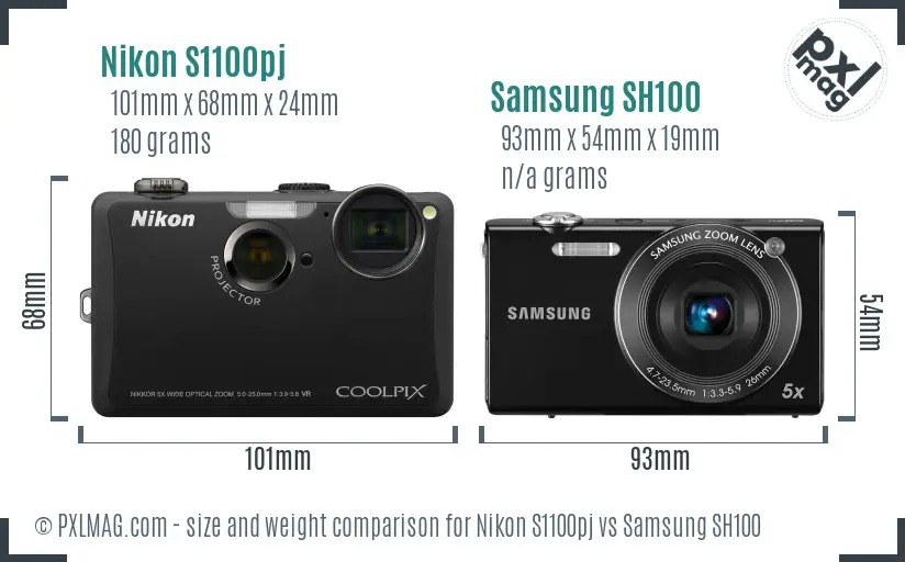 Nikon S1100pj vs Samsung SH100 size comparison