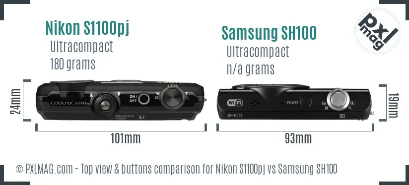 Nikon S1100pj vs Samsung SH100 top view buttons comparison