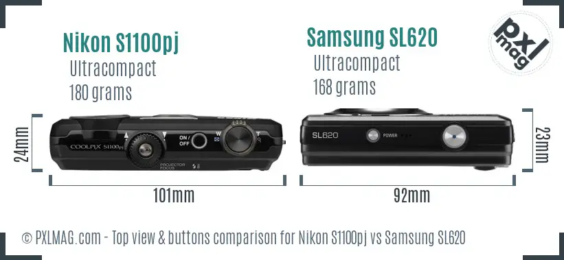 Nikon S1100pj vs Samsung SL620 top view buttons comparison
