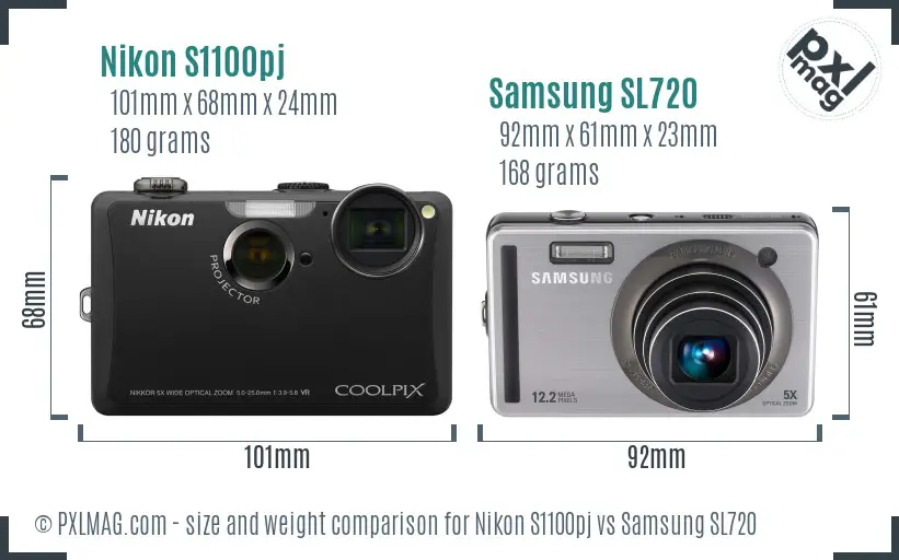 Nikon S1100pj vs Samsung SL720 size comparison