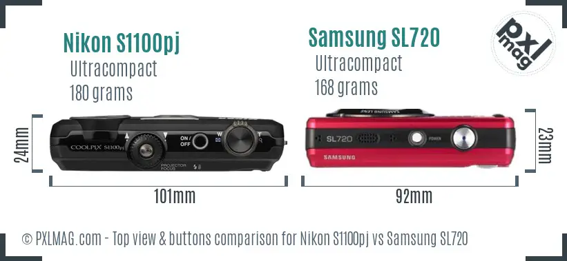 Nikon S1100pj vs Samsung SL720 top view buttons comparison