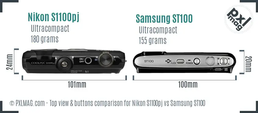 Nikon S1100pj vs Samsung ST100 top view buttons comparison