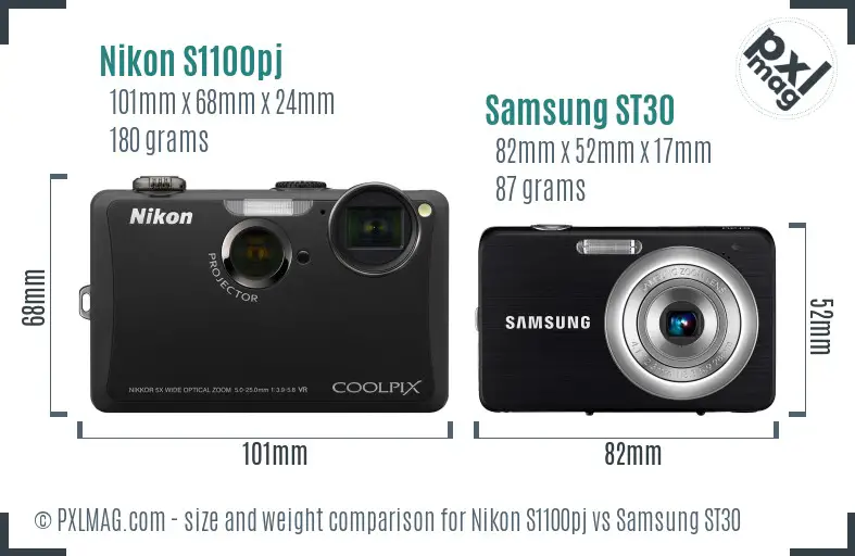Nikon S1100pj vs Samsung ST30 size comparison