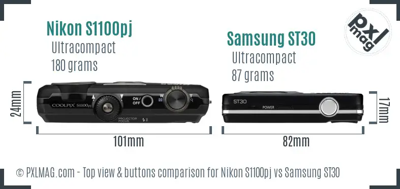 Nikon S1100pj vs Samsung ST30 top view buttons comparison