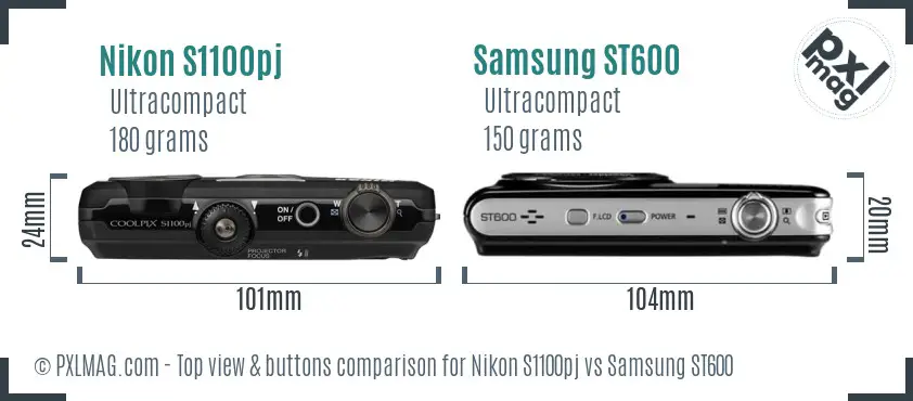 Nikon S1100pj vs Samsung ST600 top view buttons comparison