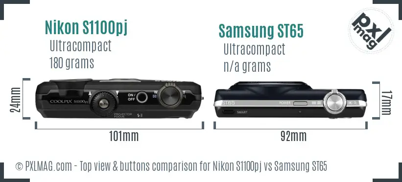 Nikon S1100pj vs Samsung ST65 top view buttons comparison